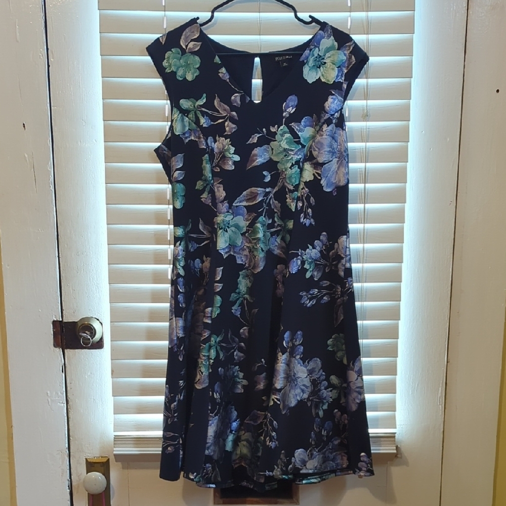 Roz & Ali Navy Floral Mini Dress with Blue & Green Blooms